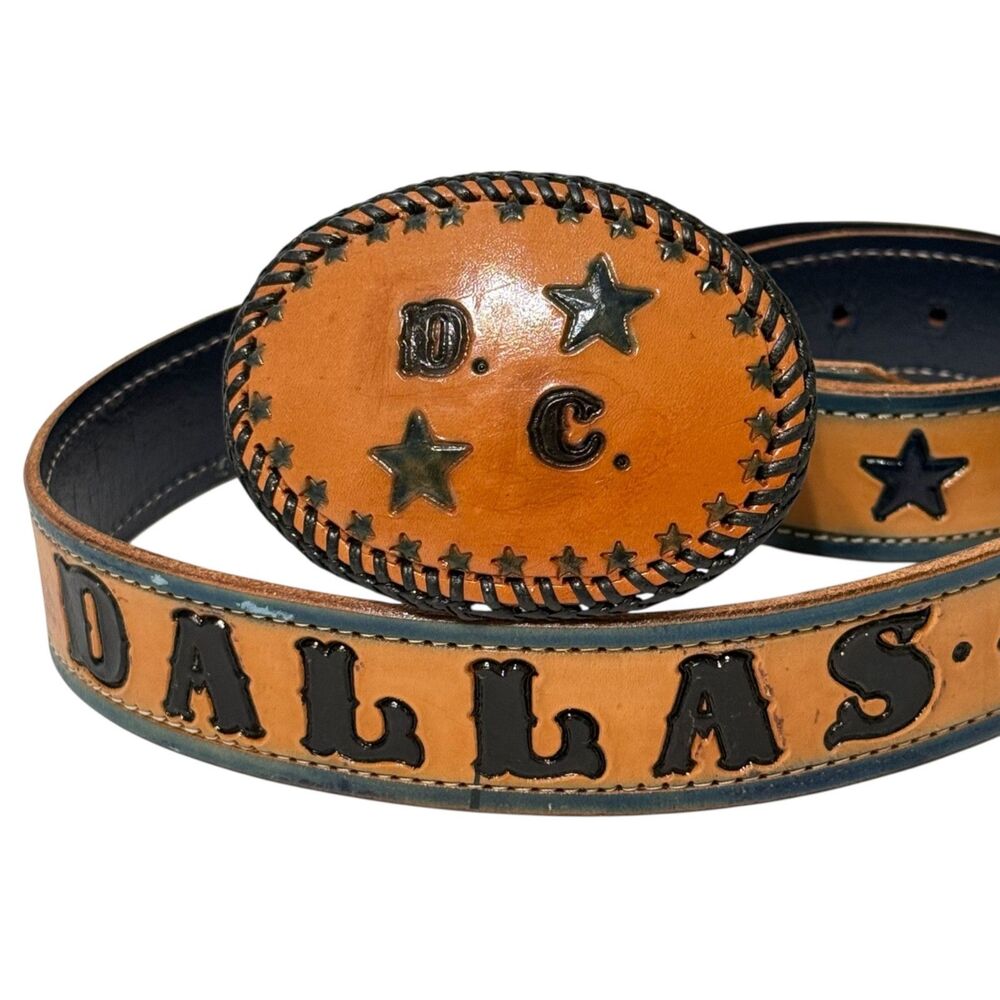 HAND-TOOLED Belt Western DALLAS COWBOYS Oval Wrap Buckle Fits 40-45in Whipstitch